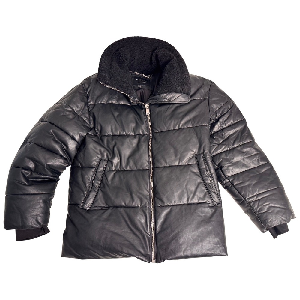 Moto Black Vegan Leather Edgy Puffer Jacket Faux Fur Collar Womens Large Y021795